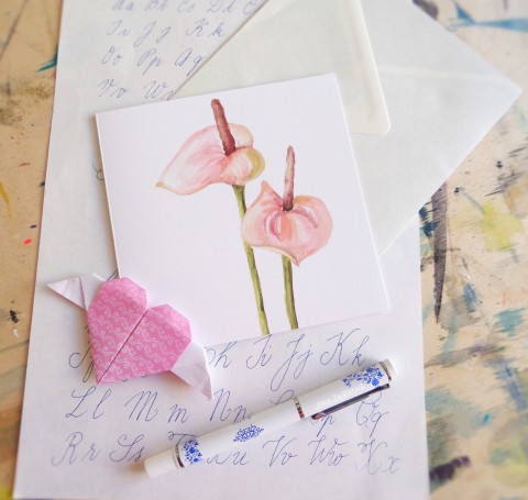 Anthurium. Přání s akvarelem přání přáníčko pošta květina bla 