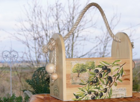 Stojánek s olivovníkovou větvičkou box krabička provence decoupage stojánek olivy truhlík do kuchyně olivovník tozla stojánek na dochucovadla 