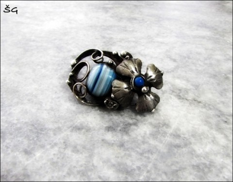 Brož - květ s achátem brož šperk achát modrý květina kovový tiffany cínovaný handmade 