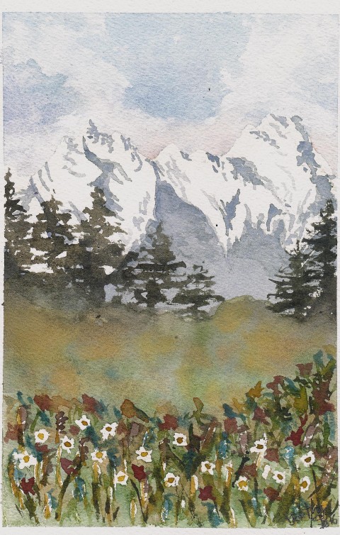 Horská louka akvarel hory krajina louka 
