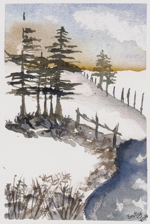 Zimní potok sníh zima krajina stromy potok akvarel ohrada 