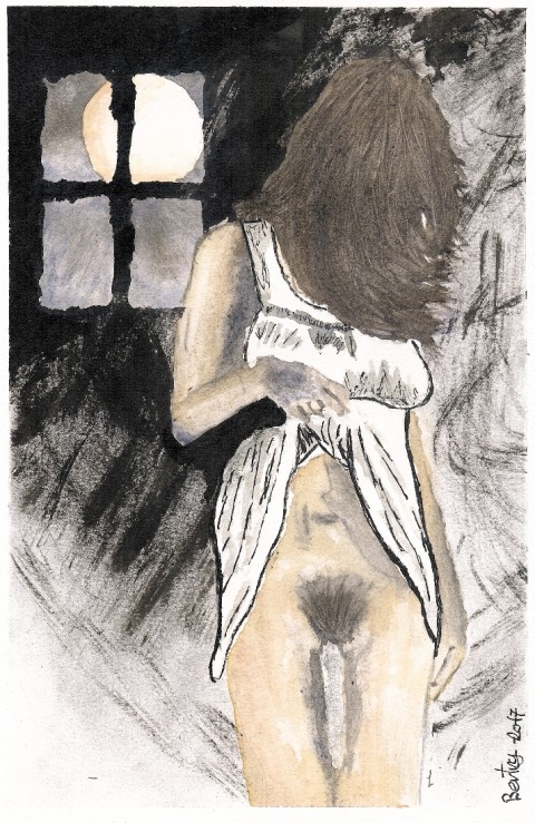 Úplněk na dosah žena akt touha tma noc měsíc okno košilka nahá akvarel nahota úplněk klín 