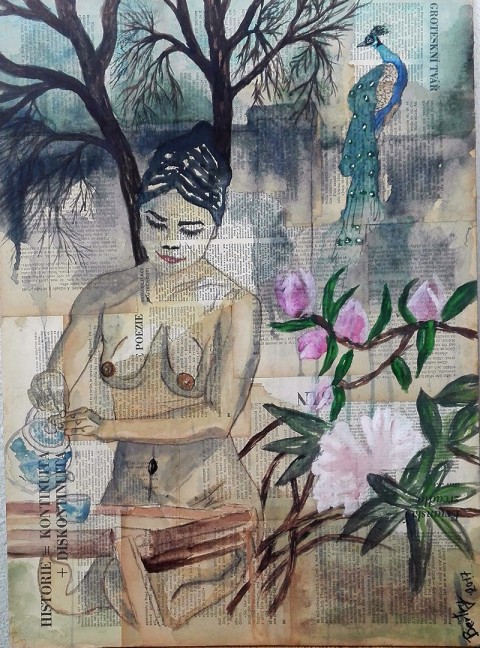 Čaj o páté strom obraz čaj malba květy květiny žena obrázek zahrada akt dívka zeď páv úsměv akvarel 