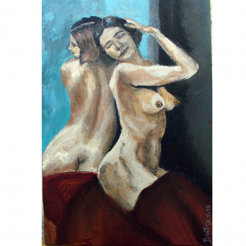 Za zrcadlem obraz obrázek akt zrcadlo olej odlesky zrcadlení olejomalba nahá erotické nahota prsa erotika erotický svlečená ňadra nahotinka 