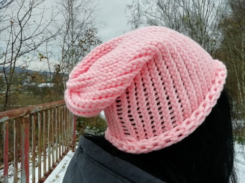 Pletená čepice 2v1 světle růžová dárek zima žena zimní teplá muž 