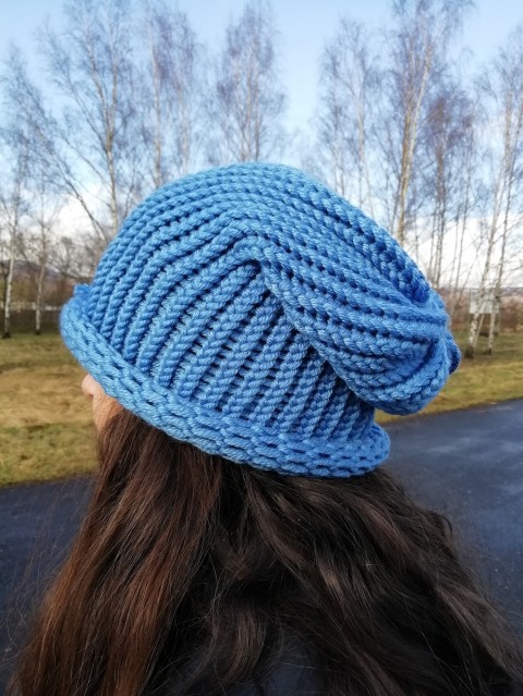 Pletená spadlá čepice 2v1 (modrá) dárek zima žena zimní teplá muž 