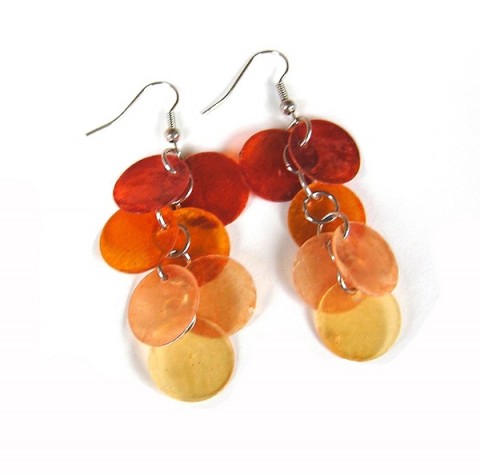 Perleťové střapce oranžové náušnice oranžová visací perleťové dlouhé kolečka penízky střapce 