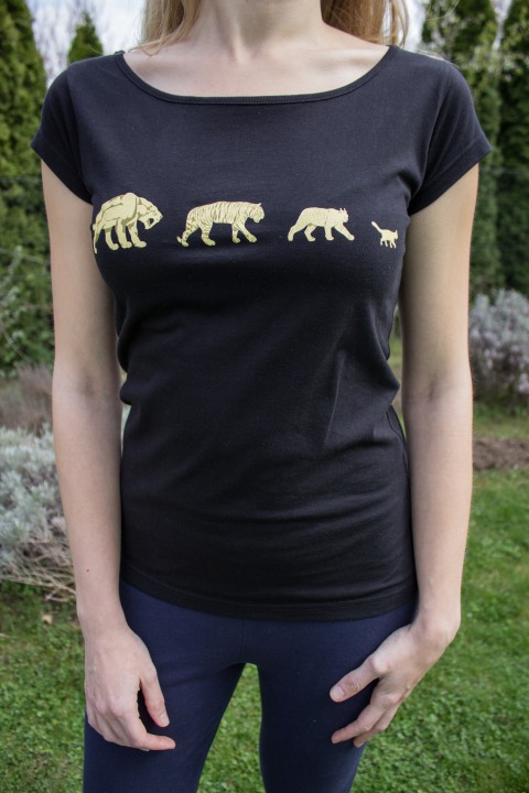 Kočičí evoluce - tričko dámské originální dárek tygr kočka narozeniny žena černá triko žlutá kočky zvířata tričko potisk dámské vtipné sítotisk rys evoluce šavlozubý 