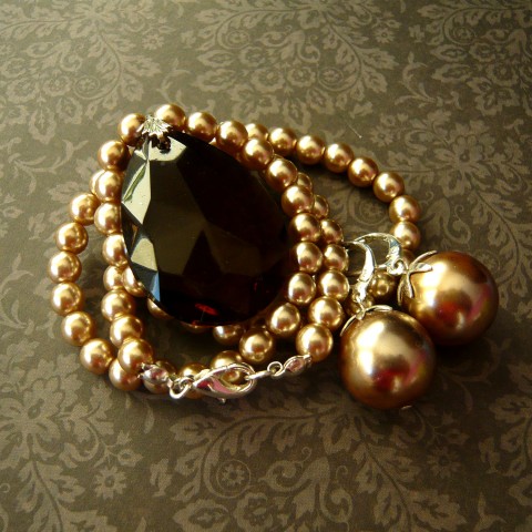 Souprava Krémové perly s kapkou hnědý sklo kapka šedý perličky broušené perly perle perla perlový krémový 