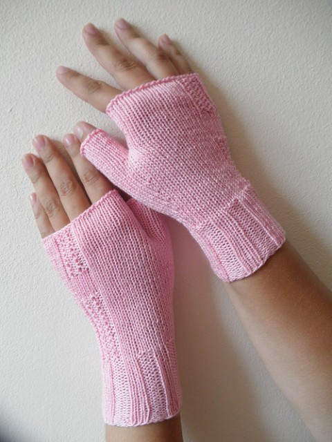 SLEVA - Růžové bezprstové rukavice zima podzim růžová pletené návleky rukavice vzor rukavičky 