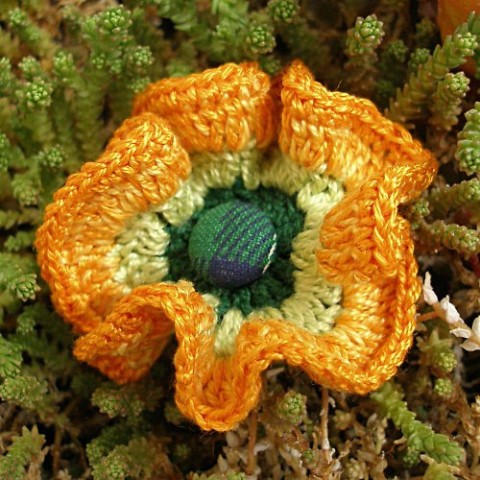 Pampeliška, brož - VÝPRODEJ z 155,- brož květina zelené kytka háčkované pampeliška oranžové žluté výprodej 