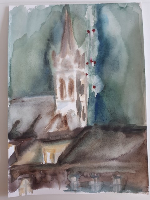 Akvarel originál Prokop v noci město originál noc věž kostel akvarel střechy 