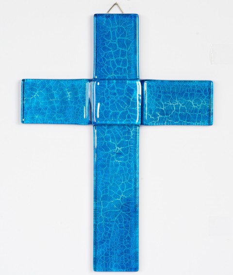 Skleněný kříž na stěnu modrý originál ruční práce skleněný kříž kříž na zeď kříž na stěnu 