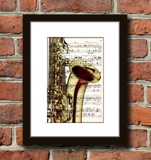 Tisk na starý notový papír 1900 papír dekorace dárek obraz černá vintage tisk originál hudba hudební koláž grafika umění muzika noty antik 19.století starý nástroje rytina inkoust jazz saxofon 