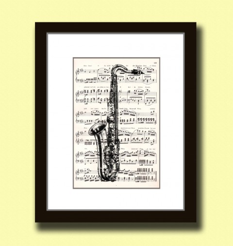 Tisk na starý notový papír SAXOFON papír dekorace dárek obraz vintage tisk originál hudba hudební koláž grafika umění noty antik 19.století starý nástroje rytina opera inkoust jazz saxofon armstrong 