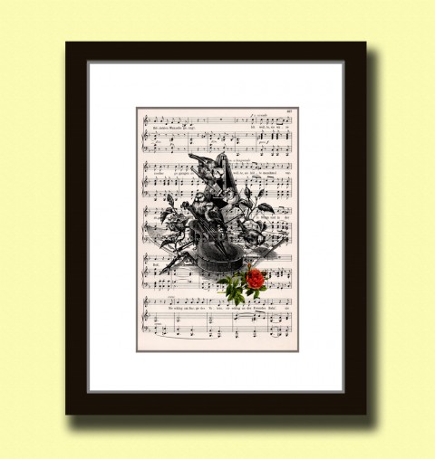 Zátiší s ptáčky na papíře 1900 papír dekorace dárek obraz černá vintage tisk originál hudba hudební kolibřík koláž grafika umění noty antik 19.století starý nástroje rytina gramofon opera inkoust 