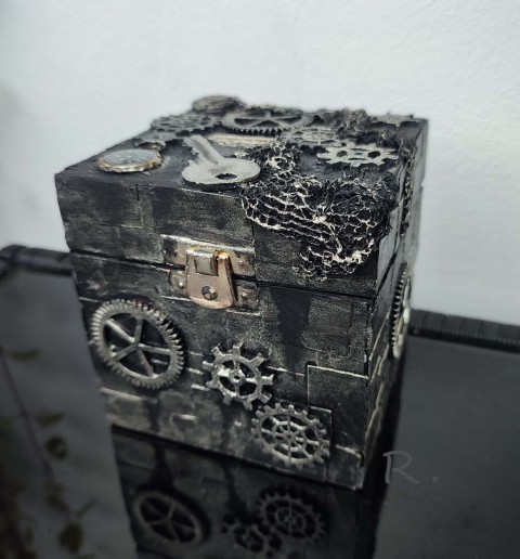 Krabička ve stylu ,,Steampunk,, dřevěná krabička extravagantní stříbrná steampunk šperkovnice ozdobná recyklované platinová 