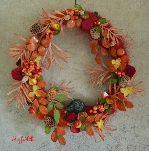 ježeček a jablíčka.. červená dekorace oranžová věnec ježek podzimní na dveře oranžovočervený vázaný věnec 
