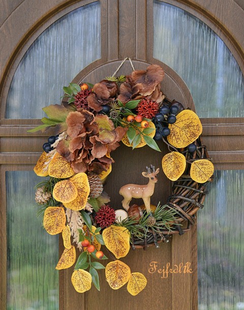 podzimní věneček s jelínkem.. domov hnědý dekorace originální podzim věneček podzimní na dveře žlutohnědá s jelínkem 