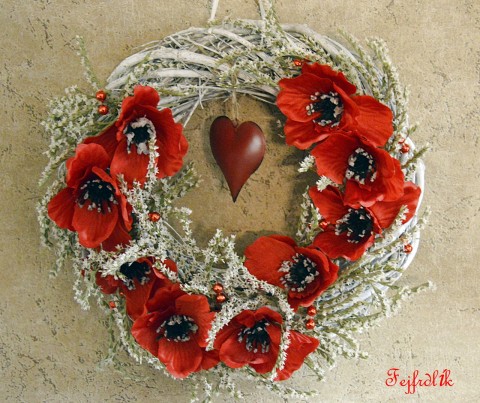 láska maková :) červená bílá věnec valentýn na dveře vesnický makový červené máky staticový srdce.láska 