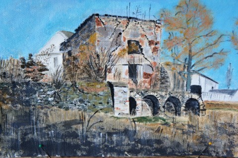 Beňovská tvrz na jaře obraz obrázek akryl keř dům dome 