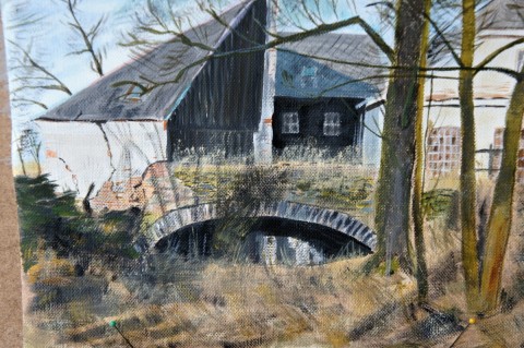 Beňovský mlýn na jaře obraz obrázek akryl keř dům dome 
