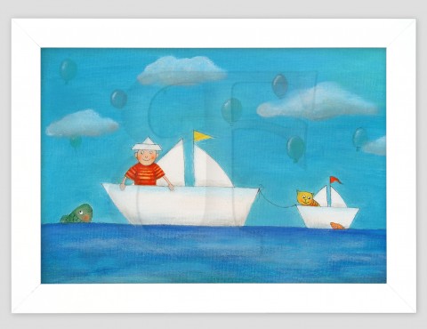 Kluk v lodičce malovaný obrázek rám voda zvíře pro moře děti obraz kočka kočička loďka lodička dětský dítě loď zvířata chlapec námořník zvířátko zvířátka řeka reprodukce plavba kluka chlapce 
