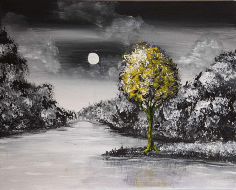 Pod měsíčním svitem voda originální strom obraz malba krajina obrázek akryl stromy žlutý tráva měsíc obloha keř jezero abstraktní mraky plátno kmen větve listnatý listnáč 