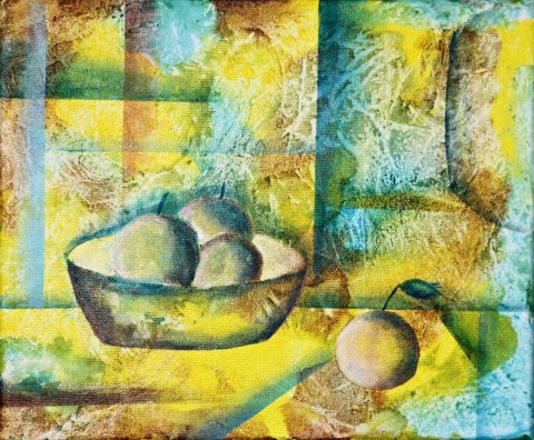 Zátiší ve žluté jablko originální obraz čáry list obrázek akryl miska mísa stopka plátno jablka struktura fleky 