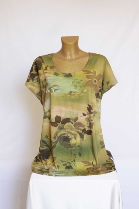 Tunika/tričko - velikost na přání tunika halenka listy květy květiny zelenkavá šitá lístky květinová zamlžená 