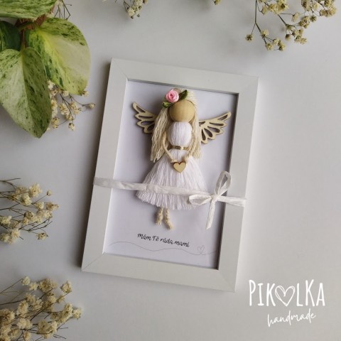 Obraz - macramé andělka pro maminku dekorace květina zlatá růžová anděl andělka maminka bíla den matek boho macrame andel strazny 
