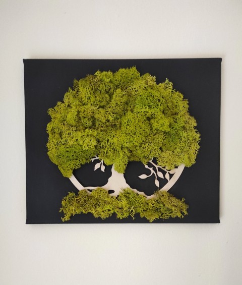 Mechový obrázek - Strom 4 dekorace dárek strom obraz zelený obrázek mech mechový severský skandinávský lišejník stabilizovaný bezúdržbový moss tranlivý černý narozeniny 