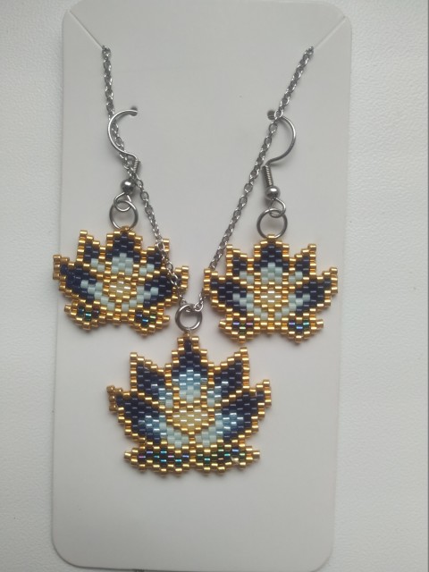 Set náušnice+náhrdelník Lotus náhrdelník korálky náušnice modrá zlatá lotus miyuki delica 