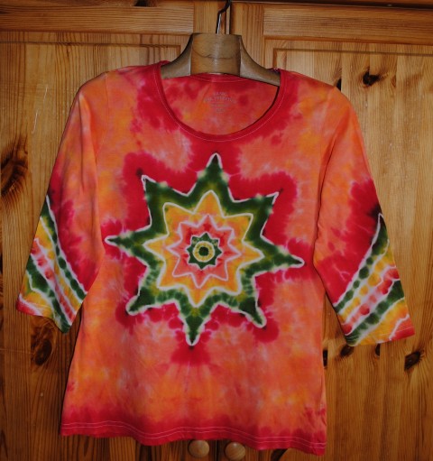 Batik. tričko M/L - Svítání moře oranžová hvězda léto mandala hippie batikované bohémské 