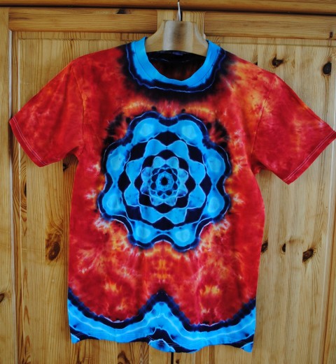 Batikované tričko L - Oheň a voda červená moře modrá léto mandala hippie batikované bohémské 