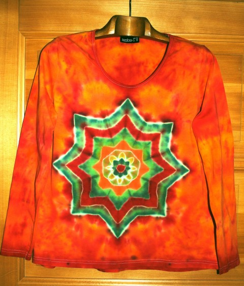 Batikované tričko vel. 44- Sluneční zelená oranžová jarní hvězda léto mandala hippie batikované bohémské 