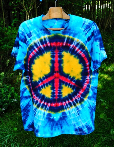 Batik,tričko 2XL-Make peace not war moře modrá léto mandala hippie batikované peace sign bohémské 