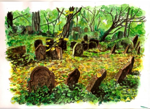 Starý židovský hřbitov v Kolíně podzim krajina tajemno akvarel židovský hřbitov kolín roman bureš 
