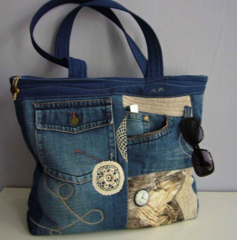 Kabelka - crazy patchwork kabelka dárek modrá velká patchwork bavlna autorská kapsy crazy originál pevná džínová jediná krajky 