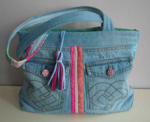 Barevná džínová kabelka kabelka dárek modrá bavlna autorská originál lehká pevná jediná neopakovatelná patchwork-quilting džínová kapsy růžová zelená 