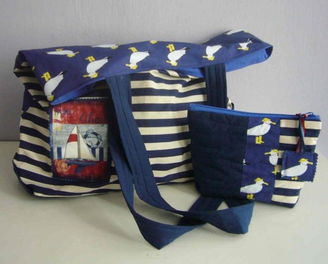Taška a taštička - souprava taška modrá bavlna bílá žlutá nákup autorská plachetnice pestrobarevná námořnická jediná patchwork.originál 