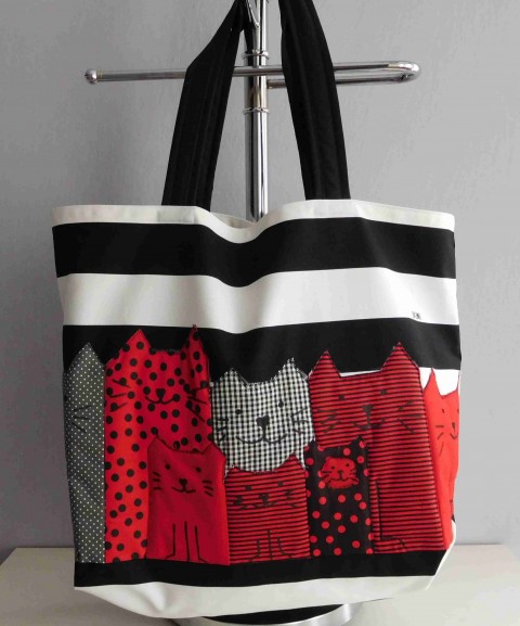 Original Big bag - kočky červená taška velká bavlna nákup kočky autorská puntíky pruhy černobílá lehká pevná jediná skladná patchwork.originál 