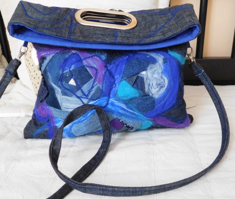 Džíny a vlna - kabelka kabelka dárek modrá fialová bavlna autorská tyrkysová vlna plstění originál psaníčko jediná patchwork-quilting 