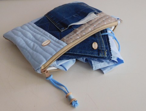 Džíny a bavlna - tašky taška modrá bavlna nákup taštička souprava béžová autorská puntíky originál džíny nepřehlédnutelná jediná patchwork-quilting 