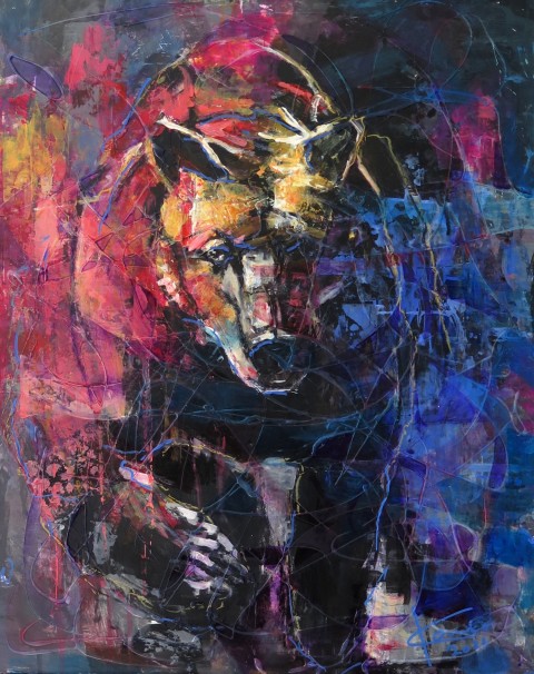 Abstraktní obraz - medvěd zvíře obraz medvěd pestré abstraktní rám akrylové barvy sololit drevo moderní umění 