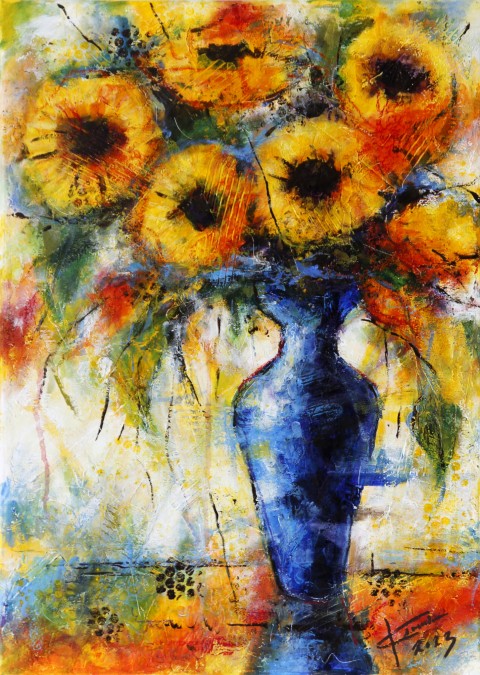 Váza plná kvetov -Slnečnice obraz malba umělecký expresionismus exprese umnění dílo expresivní slnečnice zatiši 
