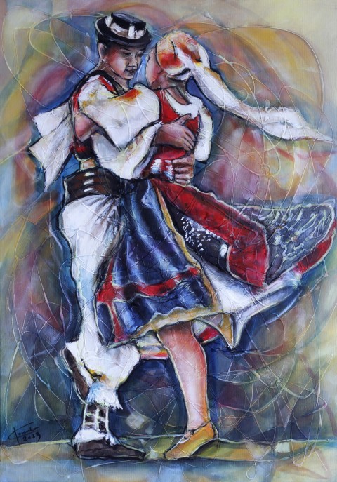 Radosť z pohybu-Detvanci tanec obraz malba taneční umělecký postava tradiční expresionismus folklor slovensko exprese umnění dílo expresivní 