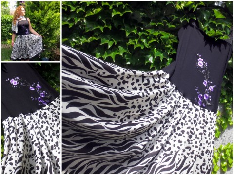 Černobílé na léto... letní květy vyšívání šaty krajka luxusní originál šál fialková černobílá vzor jedinečné panel nemačkavé 