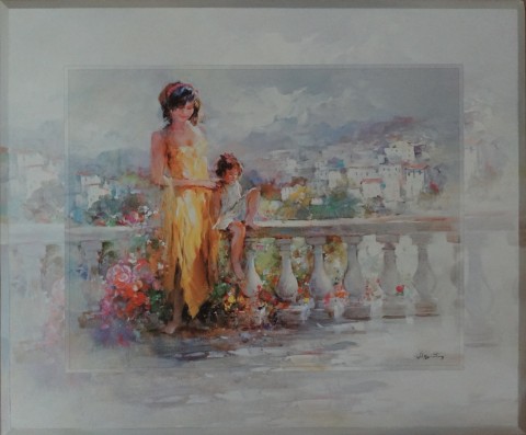Žena a dítě na terase děti obraz malba moderní obrázek lidé 