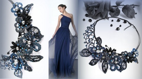 Noční zahrada náhrdelník modrý originální krajka luxusní společenský paličkovaná černý 